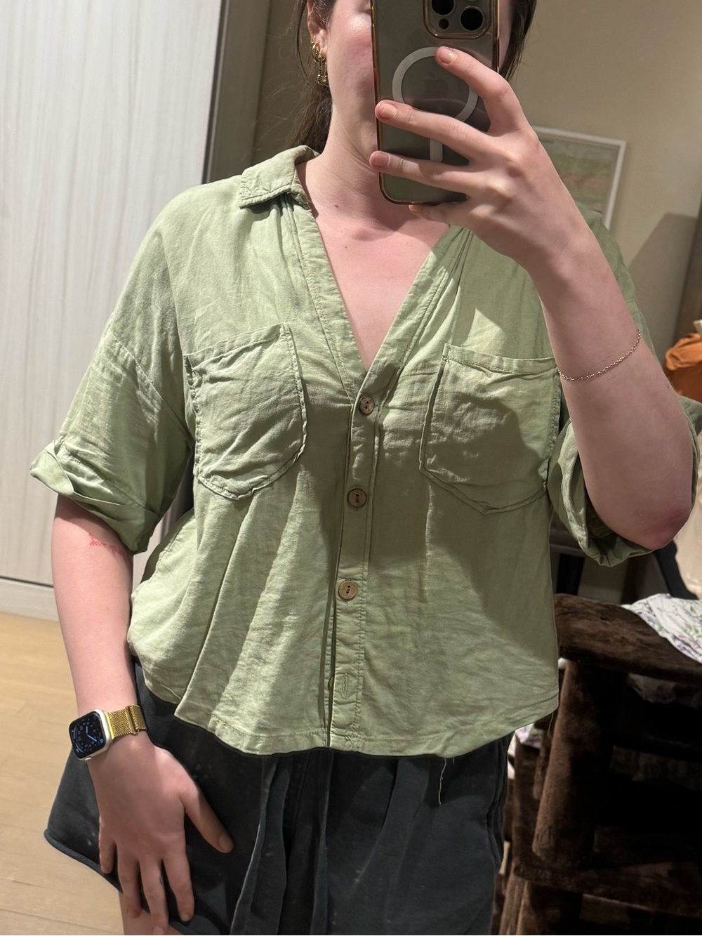 Zara Light Sage Button-Front Relaxed Shirt